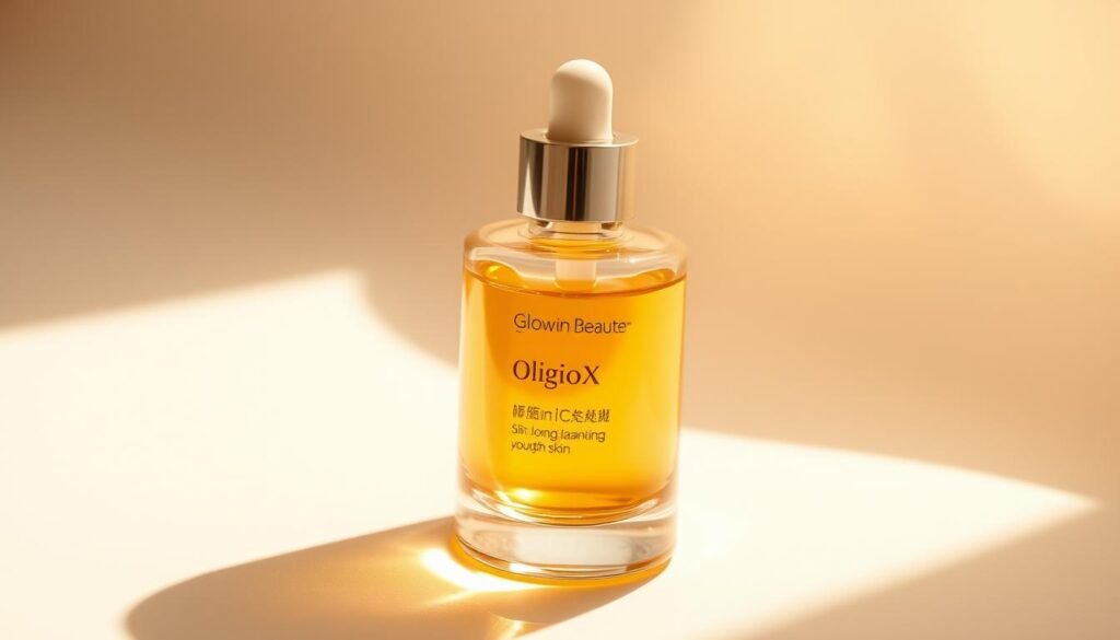 A close-up view of the Glowin Beaute "OligioX 原美電波膠原蛋白重建" serum bottle, showcased against a soft, ethereal backdrop. The bottle's sleek, minimalist design is illuminated by a warm, natural lighting, casting gentle shadows and highlights that accentuate its elegant form. The serum itself appears as a luminous, golden liquid, radiating an inviting glow that suggests its skin-rejuvenating properties. The overall composition conveys a sense of luxury, efficacy, and the promise of long-lasting, youthful skin.