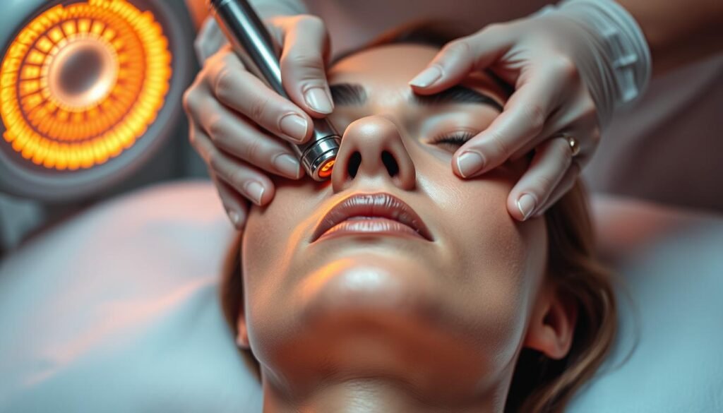 A detailed close-up view of the OligioX "Glowin Beaute" facial rejuvenation treatment process. Glowing amber-hued lamps emit gentle, penetrating heat over a serene, minimalist treatment bed. A skilled technician's hands carefully apply the specialized handpiece, its metallic surface gleaming under soft studio lighting. The subject's face is partially obscured, conveying an intimate, personal atmosphere. Soft shadows and highlights accentuate the contours of the skin, hinting at the restorative effects of the procedure. An aura of tranquility and professionalism permeates the scene, inviting the viewer to envision the transformative experience.