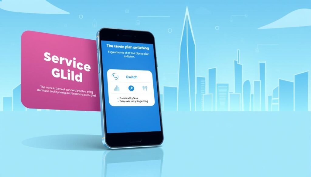 A contemporary illustration showcasing the Telecombrother brand's telecommunication service plan switching offer. In the foreground, a sleek, modern smartphone with a crisp display depicts the service plan switching process. The middle ground features vibrant infographic elements highlighting the key benefits of the switch, such as reduced administrative fees. The background depicts a minimalist urban landscape, with towering skyscrapers and a sense of technological progress, complementing the forward-thinking nature of the service. The overall composition conveys a clean, professional, and visually engaging representation of the "Telecombrother" brand's money-saving telecommunication plan switching offer.