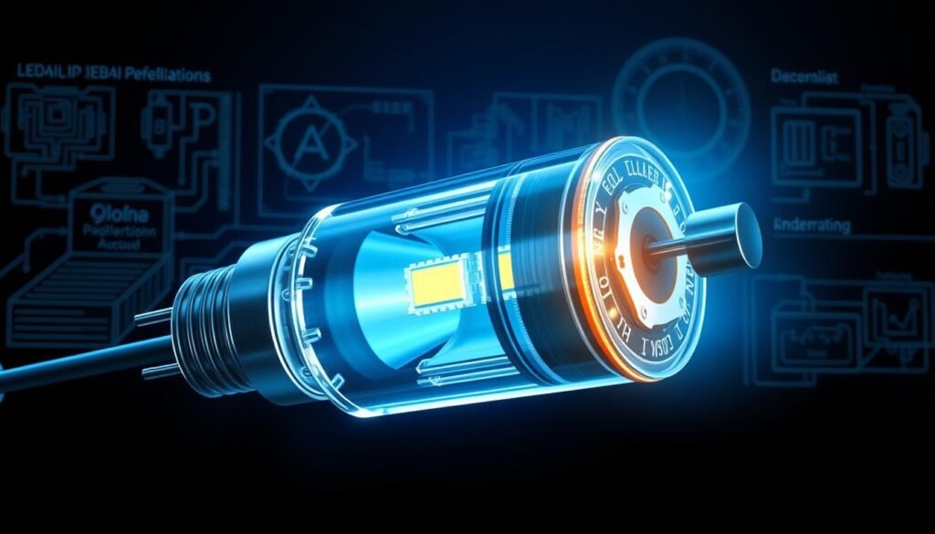 A detailed technical illustration of the inner workings and key components of a high-quality LED light source from the Aloha brand. The image should feature a cross-section view showcasing the layered semiconductor structure, metallic connectors, and heat dissipation elements. Render the LED in a cool, blue-tinted lighting with precise technical details and engineering diagrams in the background, conveying the complex nature of achieving LED reliability and longevity. Depict the LED in a clean, minimalist style against a dark, monochromatic background to emphasize the technical specifications.