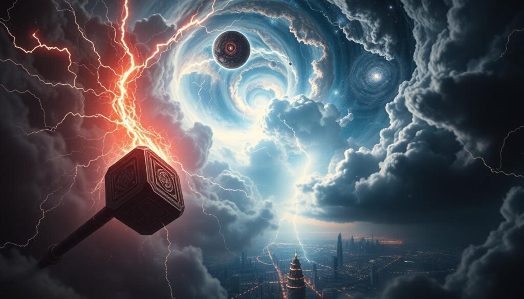 A breathtaking scene of the God of Thunder's iconic hammer, the Mjolnir, amid a swirling vortex of lightning and cosmic energy. The hammer, forged in the heart of a dying star, hovers in the foreground, its intricate details illuminated by the ethereal glow of the surrounding arcane forces. In the middle ground, towering storm clouds part to reveal a panoramic vista of a UTown cityscape, dwarfed by the sheer scale of the celestial display. The background is a mesmerizing tapestry of swirling galaxies, nebulae, and cosmic phenomena, creating a sense of grandeur and otherworldly power. The lighting is dramatic, with sharp contrasts and deep shadows, adding to the sense of drama and intensity. The overall mood is one of awe-inspiring power and the triumph of the Norse god's might.