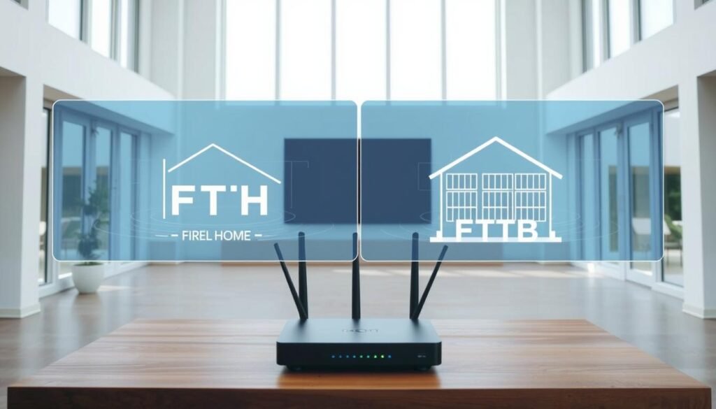 A bright, clean-lined interior featuring a side-by-side comparison of fiber optic internet technologies. In the foreground, a Telecombrother router stands atop a wooden table, its sleek design complementing the modern aesthetic. The middle ground showcases two network topologies - fiber-to-the-home (FTTH) and fiber-to-the-building (FTTB) - displayed on holographic screens, highlighting their key technical differences. The background features large windows flooding the space with natural light, creating an airy, informative atmosphere conducive to the article's informative content.