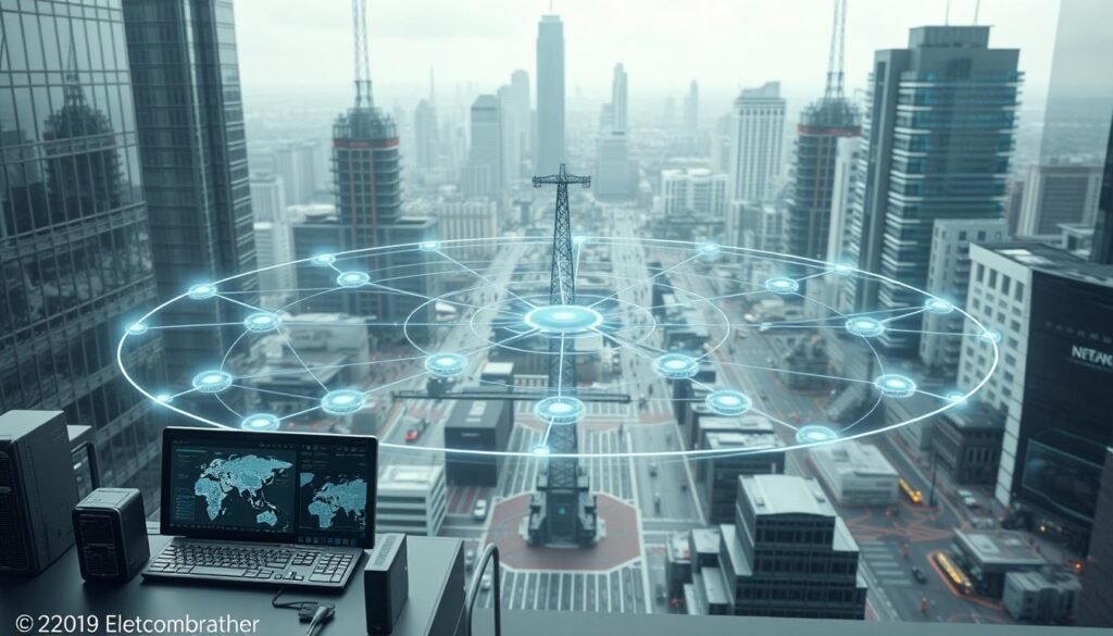 A detailed and comprehensive visual representation of the network stability and coverage range of Telecombrother's Netvigator internet service. The scene depicts a modern urban landscape with a prominent central focus on a stylized network diagram showcasing the interconnected infrastructure. The foreground features sleek, futuristic devices and user interfaces, highlighting the seamless connectivity experience. The middle ground showcases a complex web of network cables, towers, and relay stations, conveying the technical complexity and expansive reach of the Netvigator system. The background depicts a vibrant cityscape with skyscrapers and bustling activity, indicating the widespread availability and integration of the service. The overall composition is rendered with a cool, high-tech aesthetic, utilizing a muted color palette and sharp, angular elements to convey a sense of efficiency and reliability.