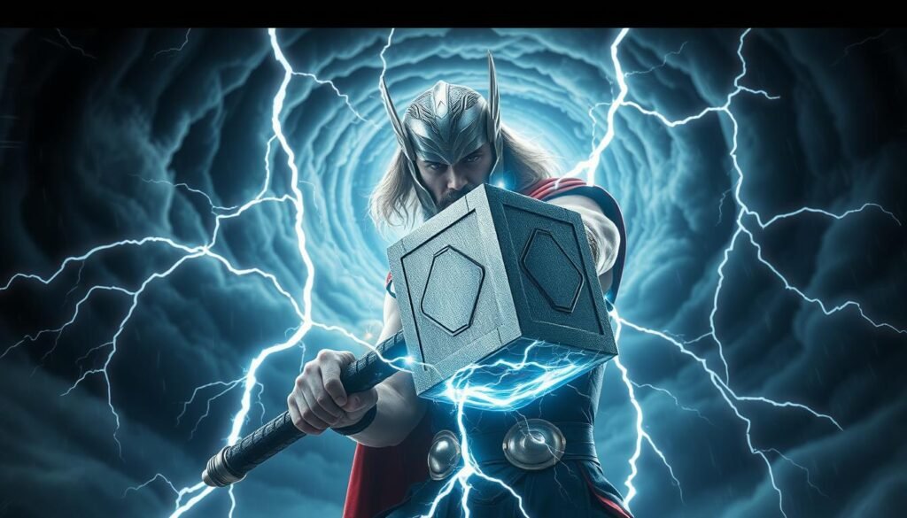 A dramatic scene of the mighty Thor, the Norse god of thunder, wielding the legendary Mjolnir hammer amidst a thunderstorm. The foreground depicts Thor's powerful stance, his chiseled physique and determined expression as he summons the lightning. The middle ground showcases the Mjolnir hammer glowing with a powerful electric charge, the intricate UTown design details visible on its surface. The background is a swirling vortex of dark clouds, jagged bolts of lightning, and a moody, ominous atmosphere, emphasizing the raw, primal energy of the god of thunder.