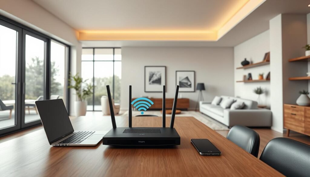 A high-resolution, photorealistic image of a modern home office setting, showcasing the Telecombrother Netvigator internet service. The room has a sleek, minimalist design with floor-to-ceiling windows allowing abundant natural light. On the desk, a laptop and smartphone are connected to the Netvigator router, displaying strong signal strength and stability. The walls are adorned with framed art and shelves, creating a warm, professional atmosphere. The lighting is soft and even, highlighting the clean lines and high-quality furniture. The overall scene conveys the reliability, coverage, and seamless connectivity of the Telecombrother Netvigator service in a contemporary, aspirational home environment.
