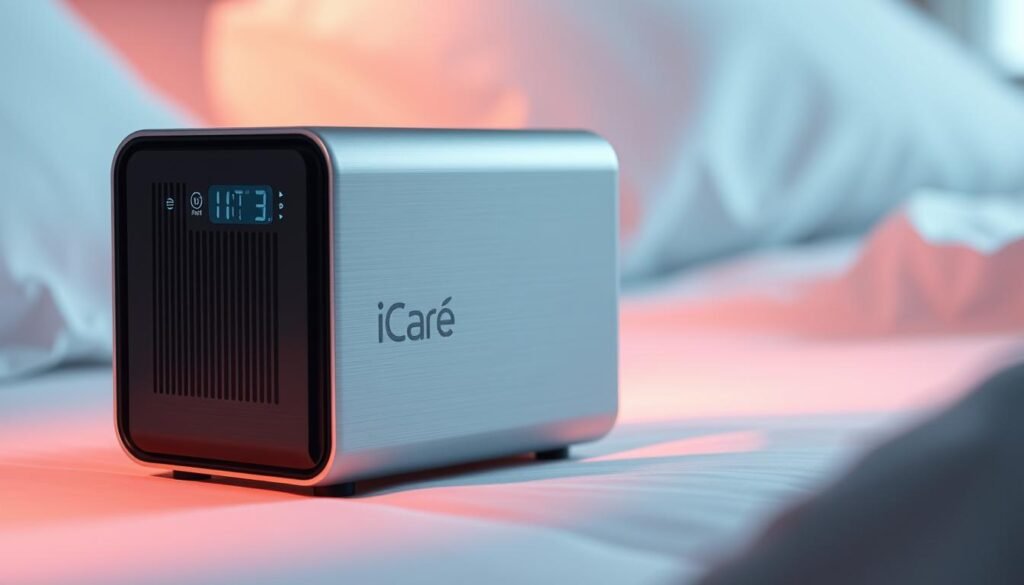 A highly compact and streamlined iCareCPAP sleep apnea machine, featuring a sleek, minimalist design with a brushed aluminum housing. The device is displayed against a softly lit, ethereal background, showcasing its low-profile form factor and discreet presence. Carefully positioned lighting highlights the machine's clean lines and subtly textured surface, conveying a sense of advanced engineering and technological innovation. The overall mood is one of modern elegance and understated sophistication, reflecting the device's ability to seamlessly integrate into a user's bedroom environment.