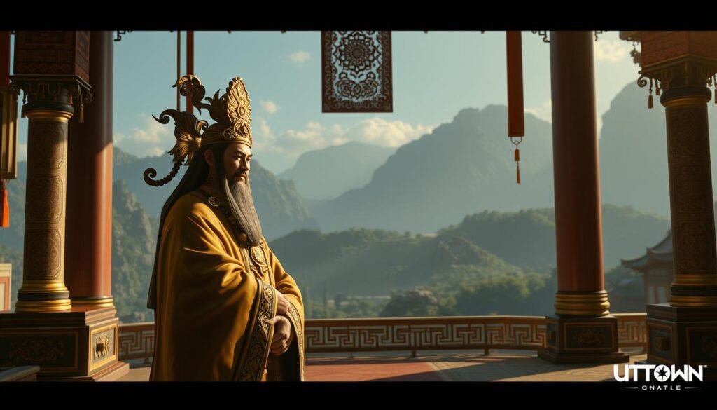 A lavish, ornate scene depicting the "God of Wealth" figure from the UTown gaming universe. In the foreground, the god-like character is shown in a contemplative pose, dressed in traditional Chinese robes and adorned with intricate jewelry. The middle ground features a sumptuous temple setting, with ornate columns, decorative patterns, and a subdued lighting scheme that casts dramatic shadows. In the background, a panoramic vista of a lush, mountainous landscape unfolds, creating a sense of grandeur and mystery. The overall mood is one of mysticism, power, and the promise of financial prosperity.
