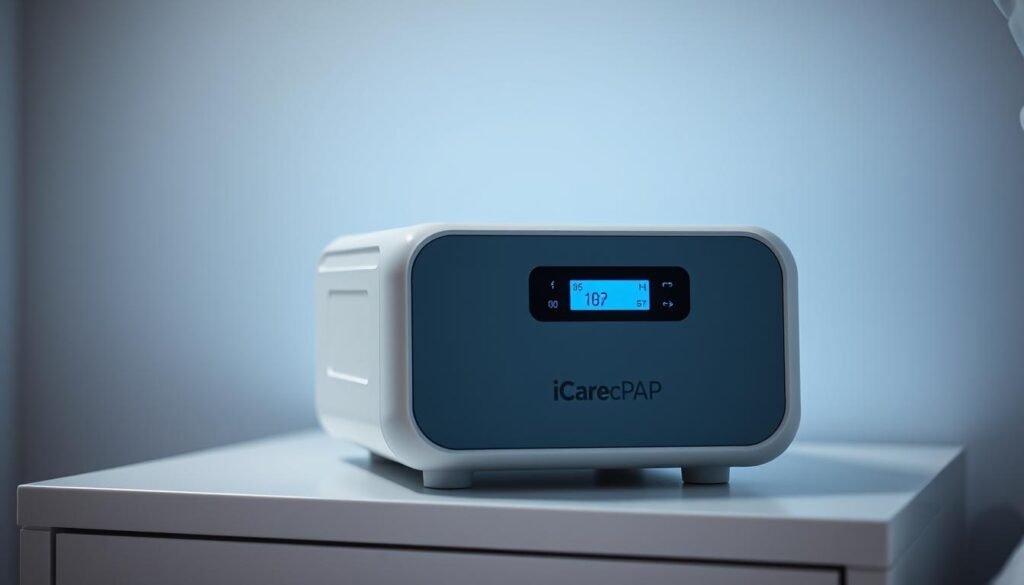 A sleek, modern-looking iCareCPAP sleep apnea machine resting on a minimalist, white nightstand. The device has a compact, streamlined design with a soft blue LED display and intuitive touch controls. The front panel features the iCareCPAP logo prominently. Soft, indirect lighting creates a calming, therapeutic atmosphere. The machine is positioned against a blurred, neutral background, allowing the device to be the focal point. The image conveys a sense of advanced medical technology seamlessly integrated into a comfortable, home setting.