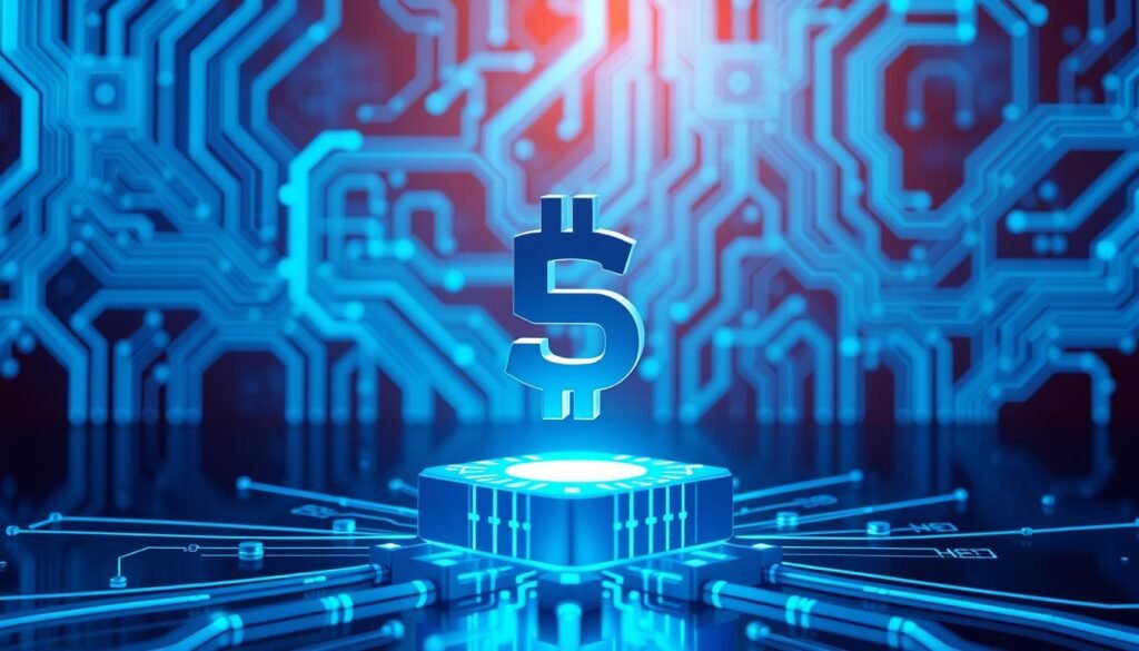 A transparent and decentralized blockchain-based transaction system for UTown entertainment center. Glowing blue circuit board patterns in the background, with a central focus on a stylized USDT cryptocurrency symbol floating above a 3D model of a blockchain network. Soft lighting illuminates the scene, creating a sense of technological sophistication and security. The composition emphasizes the open and trustless nature of decentralized finance, conveying the transparency and safety of USDT transactions at UTown.