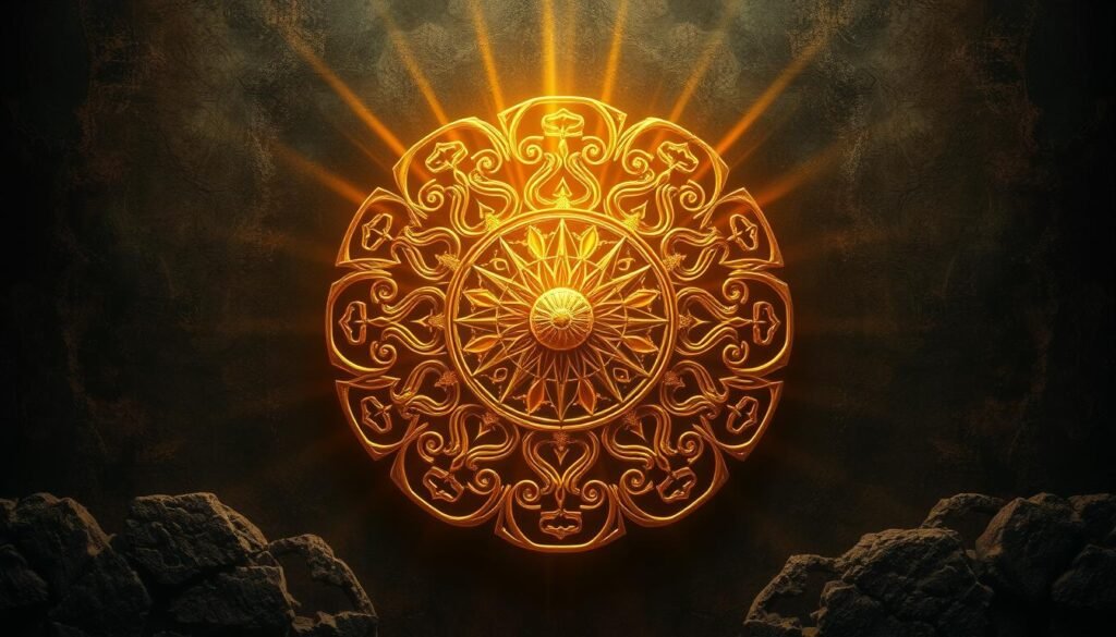 Intricate golden symbols of the Wealth God UTown against a dark, mystical background. Ornate, interlocking designs radiate an aura of prosperity and good fortune. Shimmering rays of warm light illuminate the central focal point, drawing the eye to the core of the divine emblem. Textures of ancient parchment and weathered stone create a sense of timelessness and spirituality. The scene evokes a reverent, meditative atmosphere, inviting contemplation of the esoteric powers embodied within the sacred sigils.