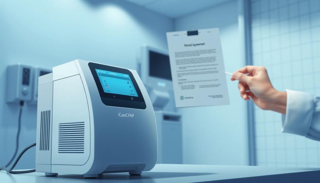 A detailed medical illustration depicting the rental process for a sleep apnea machine and ventilator. In the foreground, the iCareCPAP sleep apnea machine sits prominently, its sleek white design and digital display panel illuminated by soft, directional lighting. In the middle ground, a hand holds a rental agreement, highlighting the rental process. The background features a clean, minimalist medical setting with subtle grid-like patterns, conveying a sense of order and professionalism. The overall mood is one of calm, clinical efficiency, reflecting the specialized nature of the sleep apnea and ventilator rental services.