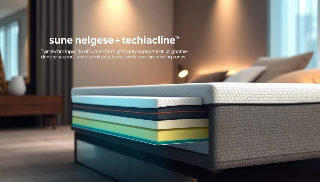 A sleek and minimalist StylesMaven mattress design showcasing the core technologies behind its superior spinal support. In the foreground, a cutaway view reveals the intricate layers of memory foam, high-density support foam, and advanced pressure-relieving zones. The middle ground features a close-up of the mattress's edge support system, highlighting its structural integrity. The background depicts the mattress in a serene, softly-lit bedroom setting, emphasizing its harmonious integration into a relaxing, ergonomic sleep environment. The overall composition conveys the technical sophistication and comfort-focused approach of the StylesMaven brand.