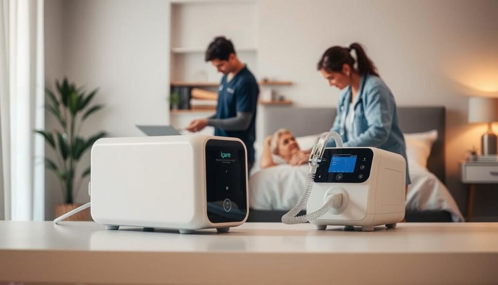 A well-lit and detailed image showcasing the iCareCPAP sleep apnea machine and rental service. Prominently display the modern, sleek iCareCPAP device on a clean, minimalist background. In the middle ground, depict medical professionals assisting a patient with the setup and usage of the machine. In the background, include imagery of a cozy bedroom environment to convey the at-home nature of the sleep apnea treatment. Utilize soft, warm lighting to create a calming, therapeutic atmosphere. Emphasize the high-quality, professional nature of the iCareCPAP rental service through the visual composition and attention to detail.