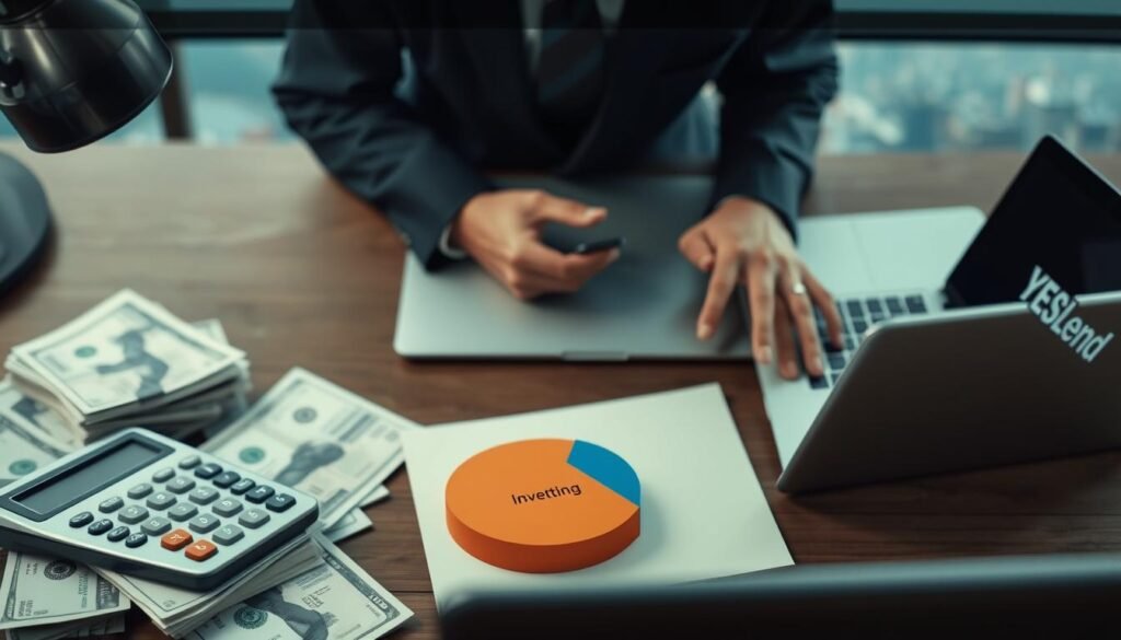 A well-lit overhead view of a businessman's desk, featuring stacks of bills, a calculator, and a YESLend logo on a laptop. In the middle ground, a pie chart showing the allocation of startup funds - a larger slice for inventory, a smaller slice for marketing, and an even smaller slice for administrative costs. In the background, a cityscape with skyscrapers suggests an urban setting, conveying the excitement and risk of entrepreneurship. The composition balances pragmatic financial details with a sense of aspirational ambition.