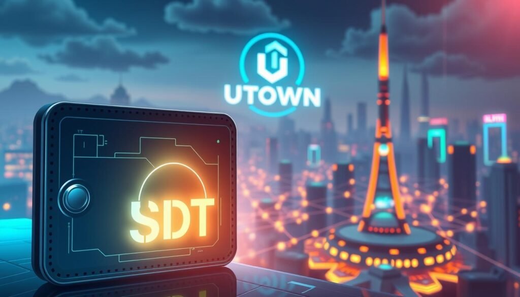 A high-tech illustration showcasing the seamless integration of blockchain technology and cryptocurrency transactions within the UTown entertainment ecosystem. In the foreground, a sleek and secure digital wallet interface displays the transparent flow of USDT, illuminated by a soft, ambient glow. In the middle ground, a blockchain network of interconnected nodes pulses with vibrant, neon-like energy, symbolizing the secure and decentralized nature of the transactions. The background depicts a futuristic cityscape, where the UTown logo stands tall, signifying the platform's commitment to innovation and trust in the digital age.
