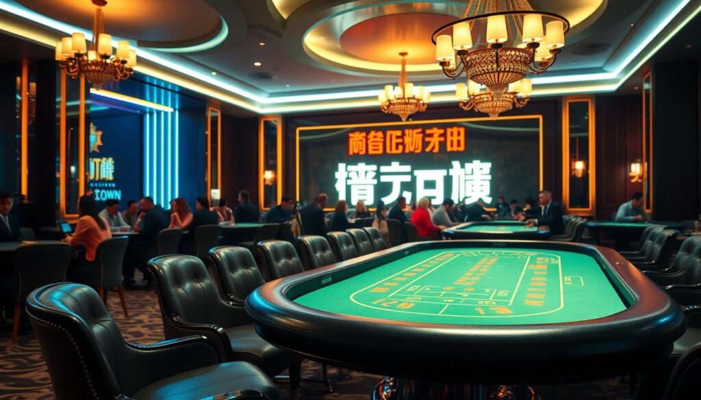 A stylish, neon-lit casino interior with a focus on the classic table game of baccarat. In the foreground, a sleek, modern baccarat table with a felt surface and gleaming chrome accents. Surrounding the table, plush leather chairs and elegant chandeliers casting a warm glow. In the middle ground, a crowd of well-dressed players engaged in the game, their faces illuminated by the glow of the table's green felt. In the background, a large UTown logo prominently displayed, hinting at the luxurious and sophisticated atmosphere. The scene conveys an air of excitement and exclusivity, perfectly capturing the essence of the "視訊百家樂新手指南" subject matter.