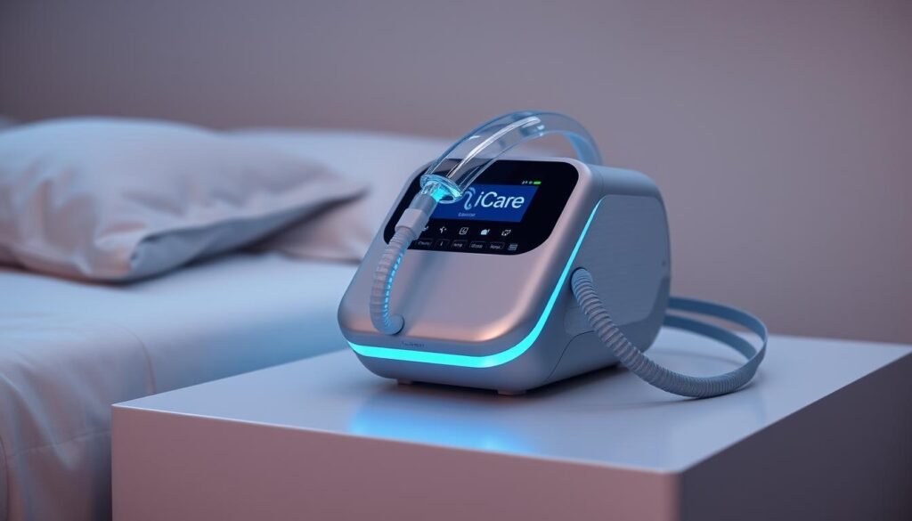 A well-designed, modern iCareCPAP sleep apnea machine rests on a minimalist nightstand. The device features a sleek, compact body with a softly illuminated display panel, intuitive controls, and a comfortable, adjustable nasal mask. Soft blue-tinged lighting creates a soothing, tranquil ambiance, while a subtle, high-tech aesthetic evokes a sense of advanced medical technology. The machine is positioned against a blurred, calming background of neutral tones, evoking a peaceful, restorative sleep environment. Carefully considered angles and lighting highlight the machine's elegant, functional design, showcasing its capability to provide effective, comfortable sleep therapy.