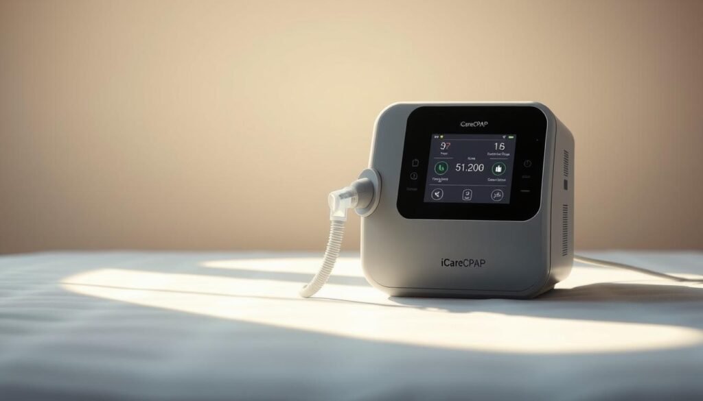 A minimalist illustration of a CPAP machine gently adjusting its settings to accommodate the changing seasons. The device, emblazoned with the iCareCPAP logo, sits atop a simple, clean backdrop, bathed in soft, natural lighting. The machine's interface displays intuitive controls, hinting at the effortless seasonal adjustments required to optimize sleep therapy. The overall composition conveys a sense of tranquility and seamless integration between the technology and the user's environment, reflecting the "Breathing Machine Seasonal Adjustment" concept.