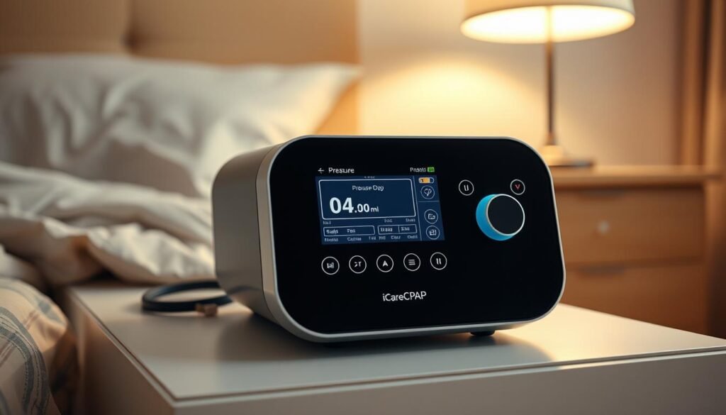 A well-lit, detailed medical scene depicting a modern iCareCPAP sleep apnea machine with a digital display showing pressure settings. The machine is placed on a sleek, minimalist bedside table with a cozy, warm-toned bedroom background. The machine is shown from an angle that emphasizes its controls and interface, inviting the viewer to engage with the technical aspects of pressure adjustment. The lighting is soft and diffused, creating a calming, professional atmosphere. The image should convey a sense of clarity, precision, and the importance of proper CPAP pressure settings for effective sleep therapy.
