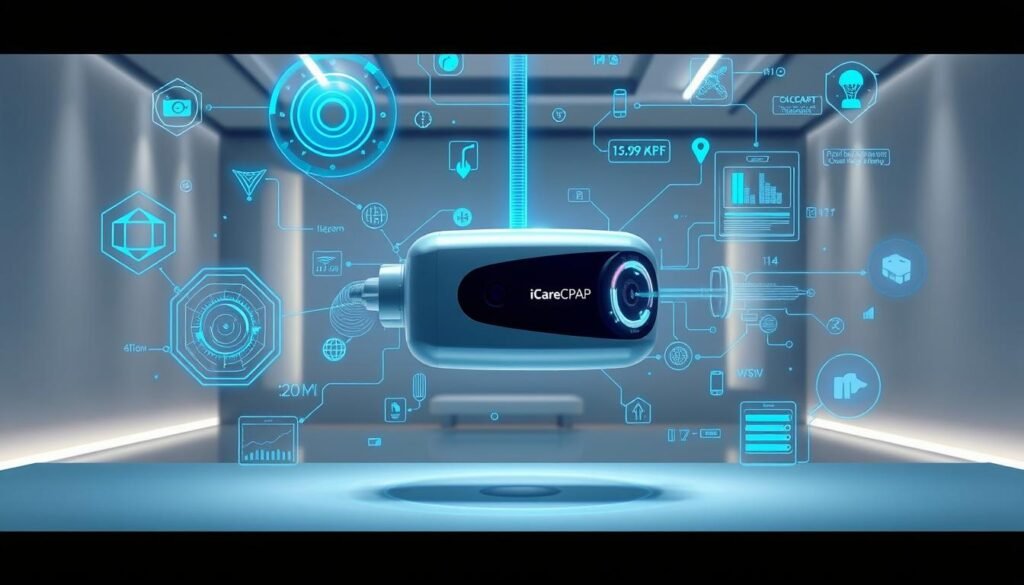 A sleek, futuristic iCareCPAP respiratory device levitates amidst a holographic display of advanced respiratory technology. Glowing blue biomedical schematics and data visualizations fill the foreground, showcasing the device's intricate inner workings and cutting-edge features. The middle ground depicts a serene, minimalist medical environment with pristine white surfaces and soft, indirect lighting. In the background, a backdrop of subtle, abstract geometric patterns evokes a sense of technological progress and innovation. The overall composition conveys a powerful, yet elegant aesthetic that highlights the sophistication and advancement of modern respiratory care equipment.