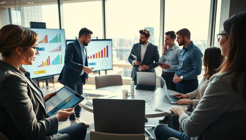 A professional office environment filled with diverse business people engaged in a discussion about advertising strategies. In the foreground, a focused woman in professional attire is analyzing data on a digital tablet, while a man beside her points at a large screen displaying colorful charts and graphs related to ad performance. In the middle ground, a round table is cluttered with papers and laptops, with a few colleagues collaborating and sharing ideas, reflecting teamwork and brainstorming. The background features a glass wall with a city skyline, illuminated by natural sunlight, creating an optimistic and dynamic atmosphere. The image employs soft lighting to enhance the professionalism of the setting and uses a slightly elevated camera angle to capture the collaborative essence of the scene, emphasizing the importance and challenges of advertising strategies.