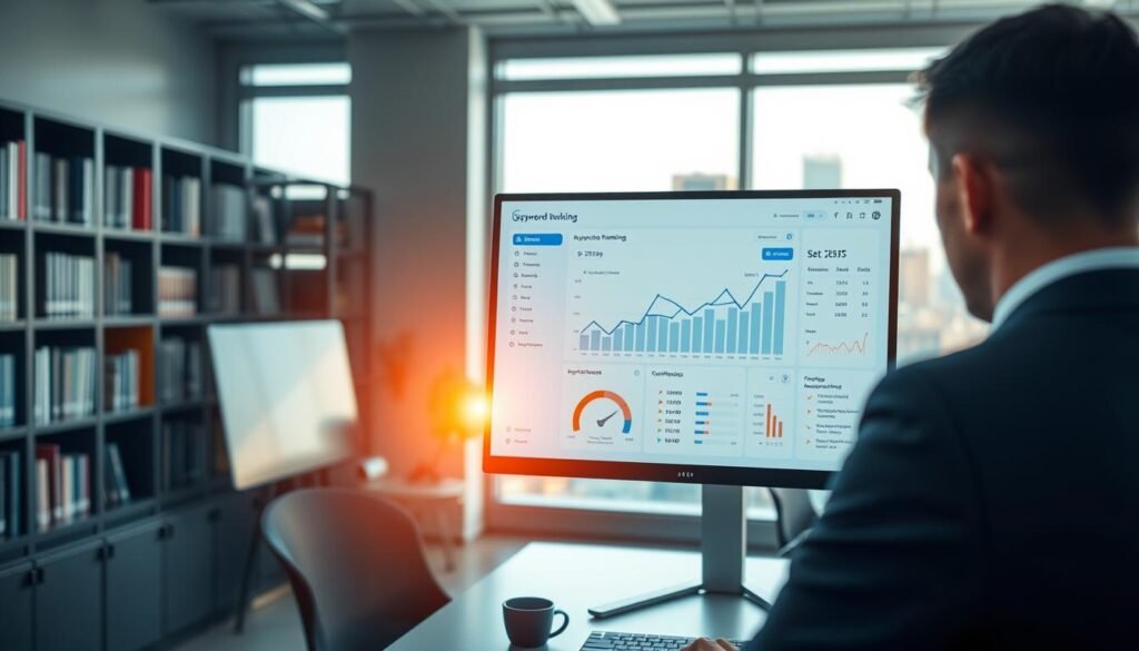 A comprehensive SEO keyword ranking tool interface displayed on a sleek computer screen, set in a modern office environment. In the foreground, a professional, attentively examining the screen, wearing business attire. In the middle ground, the computer screen showcases a visually engaging dashboard with graphs and data analytics related to keyword rankings and search engine tracking. The background features a blurred view of bookshelves filled with marketing resources and a large window revealing a cityscape bathed in natural daylight, indicating a productive atmosphere. The lighting is bright and inviting, creating a sense of focus and professionalism. The overall mood conveys diligence, innovation, and a forward-thinking approach to SEO.