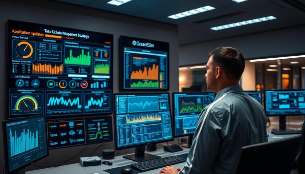 A serene office environment showcasing a high-tech control room dedicated to network management and data flow strategies. In the foreground, a professional individual in business attire is intently focused on a large digital dashboard filled with dynamic graphs and charts illustrating data management and application update controls. In the middle ground, sleek computer monitors display visual representations of OceanEsim's flow management strategies, with bright, engaging colors. The background features modern office decor, soft ambient lighting creating a calm yet focused atmosphere. The angle is slightly elevated, providing a clear view of the workspace and screens, emphasizing the sophistication and efficiency of the technology being utilized. The overall mood is professional and innovative, highlighting the importance of data management.