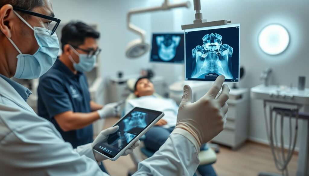 A skilled dentist performing a bone graft procedure in a modern dental clinic in Hong Kong. The foreground features a dentist in professional attire, wearing a mask and gloves, carefully examining X-ray images on a tablet. In the middle, a patient is in a dental chair, looking relaxed under gentle, focused lighting that highlights the procedure. The background shows dental equipment and instruments arranged neatly, showcasing a clean and sterile environment. Soft ambient lighting creates a calm and reassuring atmosphere. The overall composition conveys professionalism and expertise in dentistry, emphasizing the importance of bone grafting and sinus lifting for successful dental implants.