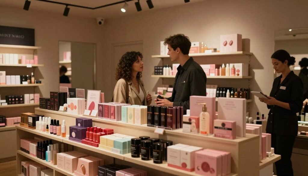 A cozy and intimate interior of a modern sex shop, designed with warm lighting that creates a romantic atmosphere. In the foreground, display elegantly arranged shelves filled with tasteful adult products and wellness items, showcasing vibrant colors and creative packaging. The middle layer features two consumers—a professional couple in modest, stylish attire, engaged in discussion and examining products. The background reveals soft shadows and curated displays, enhancing the inviting vibe, while a faint silhouette of a welcoming staff member assists nearby. The scene is framed from a slight upward angle, capturing the inviting essence of the space, evoking curiosity and exploration, in a cinematic 4:3 aspect ratio.