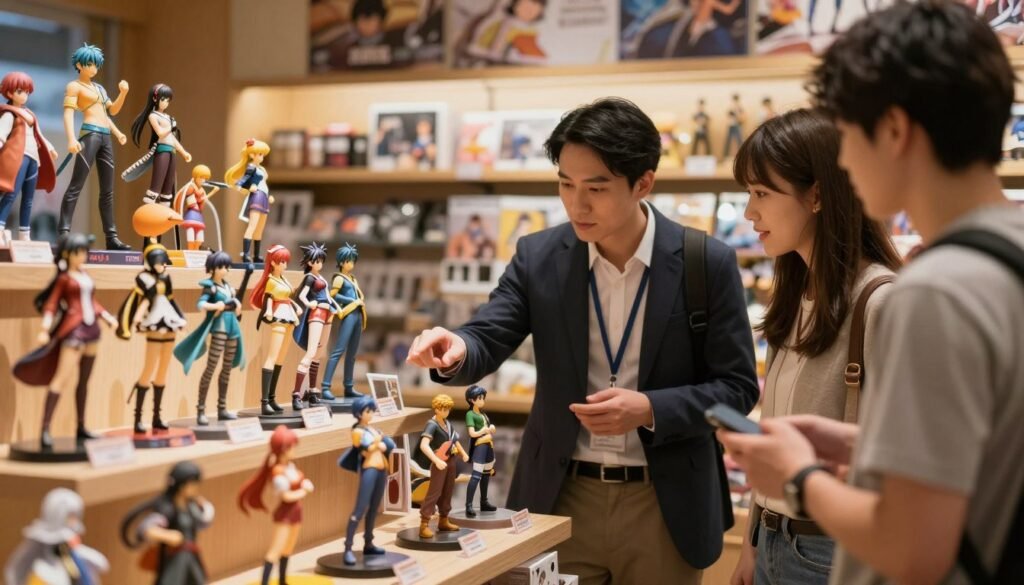 A detailed comparison guide for anime figurines in a cozy shop setting. In the foreground, an elegant display of various anime figures on shelves, showcasing different materials and textures, with labels for each brand. In the middle ground, a knowledgeable shop assistant, dressed in smart casual attire, attentively explaining the products to a couple of customers, who are engaged and interested. The background features warm, inviting lighting that creates a cinematic atmosphere, highlighting the vibrant colors of the figures. Soft shadows enhance the depth, while a slight shallow focus directs attention to the assistant and the display. The overall mood is friendly and informative, perfect for a shopping experience focused on quality and material analysis.