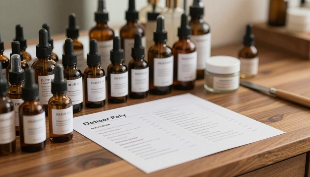A well-lit, close-up shot of an elegantly arranged display of essential ingredients for men's delay spray on a polished wooden table. The foreground features small vials and jars holding natural extracts, such as herbal oils, along with elegant labels indicating their benefits. In the middle, a neatly printed ingredient list is spread out, highlighting key components. The background subtly blurs to reveal a cozy, softly lit environment with warm lighting, creating an inviting atmosphere. The scene captures a sense of calm professionalism, with rich colors enhancing the intimate, informative mood, all framed in a 4:3 aspect ratio, providing an engaging focus on the topic at hand.