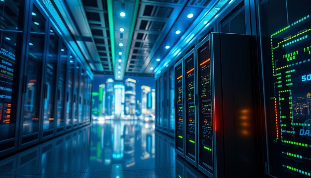 A futuristic data center showcasing the stability and efficiency of a 3A server. In the foreground, a sleek, high-tech server unit with glowing indicators, surrounded by abstract representations of data streams and processing speed. The middle ground features rows of similar servers, interconnected with glowing cables, emphasizing their reliability. The background shows a digital cityscape, subtly lit at night, with a starry sky above, symbolizing the online competitiveness among players. Bright blue and green lighting creates a high-tech atmosphere, with reflections enhancing the server surfaces. The angle is slightly elevated, capturing the expanse of the server room, conveying a sense of power and stability. The overall mood is dynamic yet professional, reflecting technological advancement and reliability.