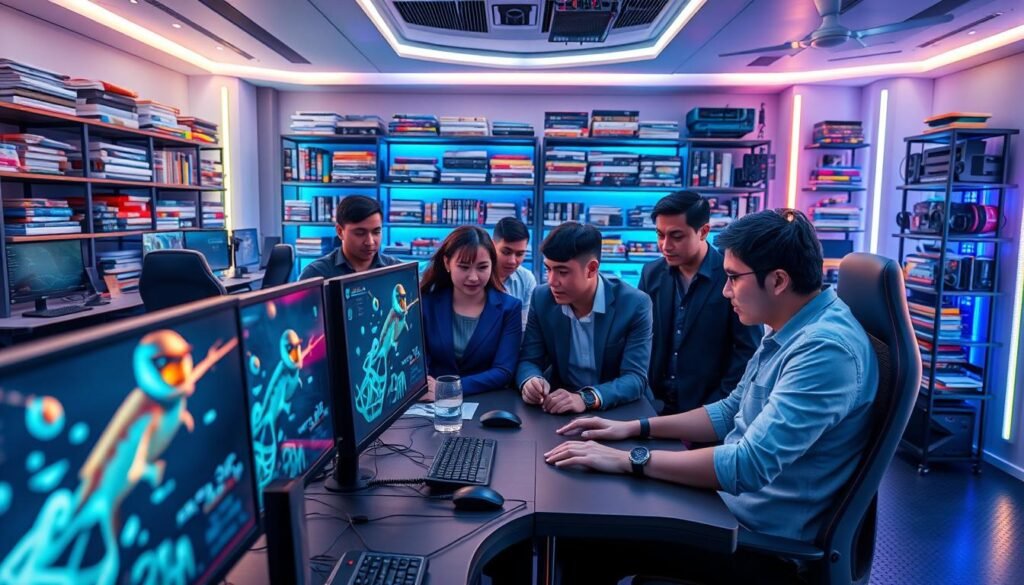 A futuristic gaming studio showcasing "3A" game development technology. In the foreground, an advanced workstation with multiple monitors displaying intricate 3D models of a fishing game character and dynamic visual effects. In the middle, a team of diverse, professional developers in smart casual attire collaborating, their expressions focused and engaged with their tasks. The background features colorful LED lights and towering shelves filled with game design books and prototype equipment, creating a vibrant and inspiring atmosphere. Soft, ambient lighting enhances the mood, while a wide-angle view captures the dynamic energy of the development process. High-resolution details highlight the sophistication of the technology, emphasizing innovation in game design.