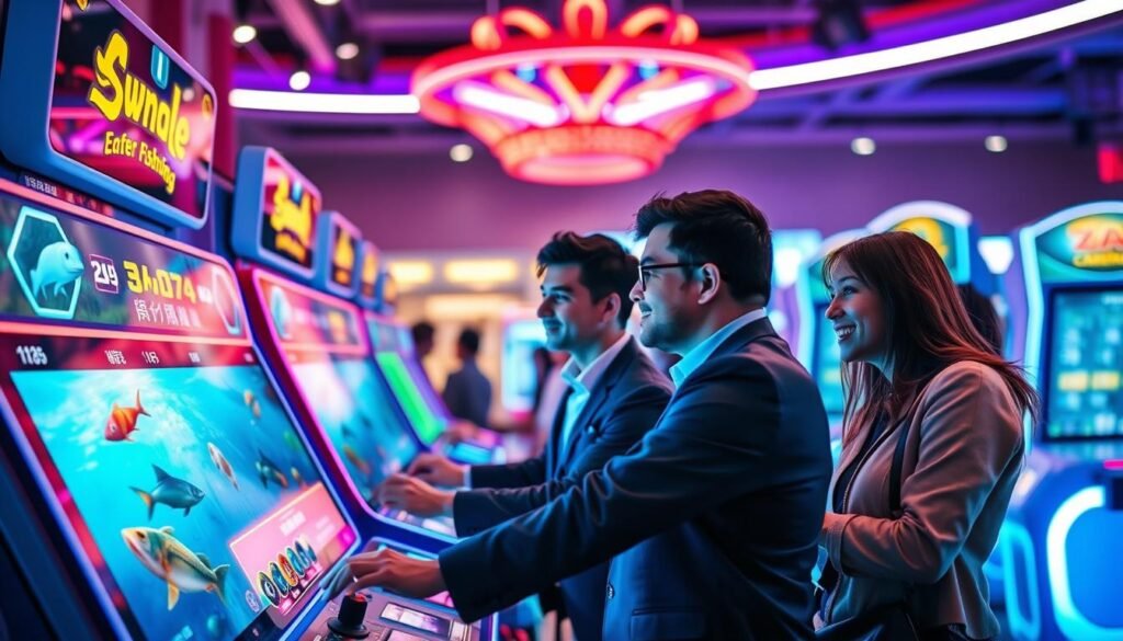A vibrant arcade scene showcasing "3A" entertainment's immersive gaming experience with motion feedback technology. In the foreground, a state-of-the-art fishing arcade machine featuring a large, interactive touchscreen interface and realistic haptic feedback elements. Gamers, depicted in smart casual attire, are fully engaged with the machine, their expressions reflecting excitement and concentration. In the middle ground, dynamic lighting creates a lively atmosphere, with colorful LED lights illuminating the arcade environment. Various gaming elements, such as fish animations and digital scores, are visible on the screen. The background features blurry silhouettes of other arcade machines, enhancing the lively ambiance of the gaming hall. Capture this scene from a slightly elevated angle to emphasize the interaction between players and the technology, conveying a sense of fun and innovation in gaming.
