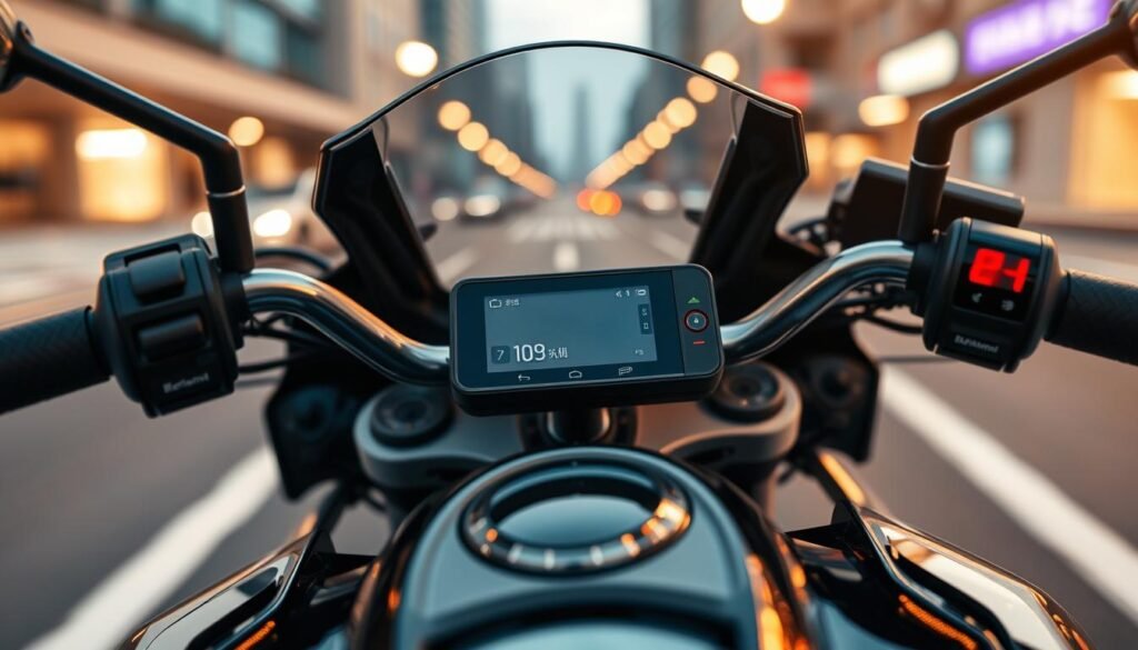 A detailed close-up shot of a high-quality motorcycle dashboard featuring a sleek, modern motorcycle dashcam labeled "天鉞電子股份有限公司". The foreground showcases the dashcam, focusing on its polished design and display screen that shows clear images of the road ahead. In the middle ground, include elements of a motorcycle's handlebars and control switches, emphasizing functionality. The background is a blurred cityscape, symbolizing urban riding environments, with soft, warm lighting creating an inviting atmosphere. The image should evoke a sense of safety and advanced technology, capturing the essence of modern riding safety features. The angle should be slightly tilted, giving a dynamic feel as if in motion, while ensuring that no people are present in the image.