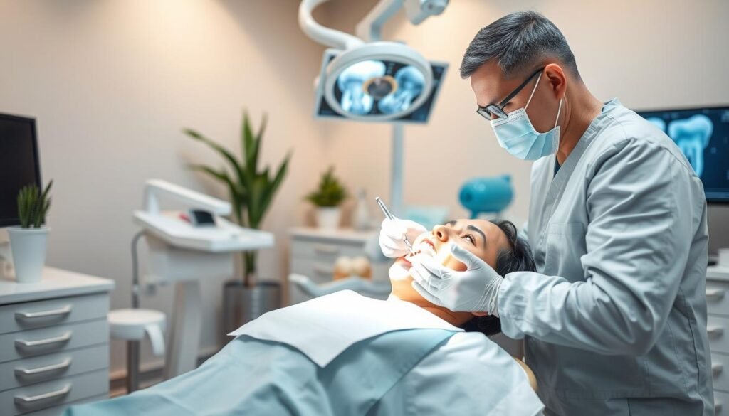 A detailed image of a dentist performing endodontic treatment (root canal therapy) in a modern dental office. In the foreground, focus on a dental chair where a patient reclines, wearing a protective bib and a calm expression. The dentist, dressed in professional attire with a mask and gloves, meticulously works on a patient's mouth using a specialized dental instrument and bright overhead lighting. The middle ground features dental equipment, tools, and a monitor displaying dental imaging. In the background, soft lighting creates a sterile, serene environment with plants and calming colors on the walls to evoke reassurance. The atmosphere is one of professionalism and care, emphasizing the importance of successful root canal treatment.