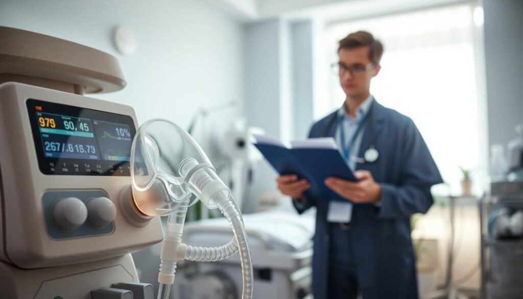 A detailed scene of a modern respiratory machine in a well-lit hospital room, showcasing its effects on lung function. In the foreground, the respiratory machine displays digital readouts and tubing attached to a clear, gently illuminated mask. The middle ground features a health professional in professional attire, examining the machine with a look of concentration, holding a clipboard with lung function charts. Soft window light filters into the background, creating a serene atmosphere, enhancing the idea of healing. The background shows a calming environment with plants and medical equipment in soft focus, reinforcing the theme of respiratory health improvement. The overall mood is hopeful and clinical, emphasizing the positive impact of respiratory machines on patients' lung function.