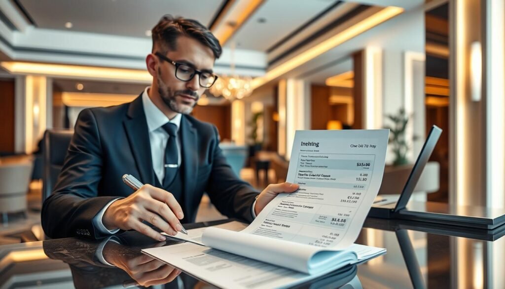 A professional accountant sitting at a modern hotel desk, meticulously reviewing an itemized bill. The foreground shows a close-up of the bill with clear details such as room charges, restaurant expenses, and spa services, all neatly arranged. In the middle ground, the accountant is dressed in a smart business attire, with a focused expression as they compare the figures with a digital device displaying check-in and check-out times. The background features a well-lit, elegant hotel lobby with contemporary decor, conveying a calm and professional atmosphere. Soft, warm lighting accentuates the scene, creating an inviting and organized feel, perfect for highlighting the careful process of bill verification.