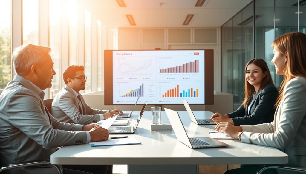 A professional business meeting scene focusing on the importance of auditing services. In the foreground, a diverse group of well-dressed business professionals, including a middle-aged Asian man and a young Caucasian woman, are sitting around a sleek conference table with documents and laptops. In the middle ground, a large digital screen displays graphs and charts illustrating compliance metrics. The background features a modern office environment with glass walls and sunlight streaming in, creating a bright and optimistic atmosphere. The lighting is warm and professional, emphasizing teamwork and collaboration. Capture a sense of urgency and diligence as they discuss potential vulnerabilities in financial practices, ensuring the image reflects the theme of effective audit services protecting companies from risks.