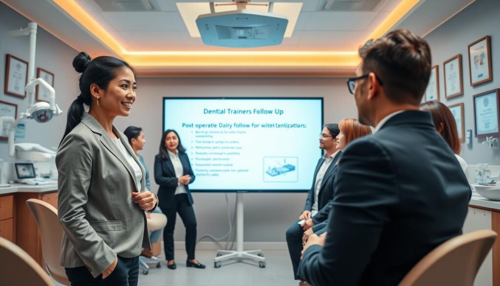 A professional dental training environment focused on post-operative follow-up for wisdom tooth patients. In the foreground, a dental trainer, a middle-aged Asian woman in smart professional attire, conducts a session with a diverse group of attentive trainees, all dressed in business casual clothing. The middle of the scene showcases a large interactive whiteboard displaying key points about effective communication and patient care. In the background, a modern dental clinic ambiance is illustrated with dental equipment and certificates hanging on the walls. The lighting is warm and inviting, creating a positive and supportive atmosphere. The angle captures the interaction between the trainer and the trainees, emphasizing engagement and professionalism, while avoiding any distractions or clutter.