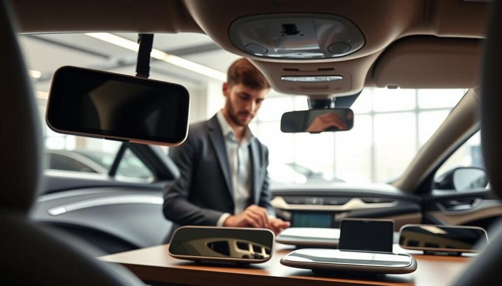 An informative and well-organized electronic rearview mirror selection guide, showcasing a futuristic car interior. In the foreground, a sleek electronic rearview mirror with a high-resolution screen is prominently displayed, reflecting advanced technology. In the middle ground, a professional-looking person, dressed in smart casual clothing, examines various rearview mirror options laid out on a table, with a focus on features like display sharpness and interface clarity. The background features a softly lit, modern automotive showroom, enhancing the ambiance of innovation. Soft natural lighting highlights the mirrors and creates a welcoming atmosphere. The overall mood is one of informed decision-making, with an emphasis on high-tech auto accessories.