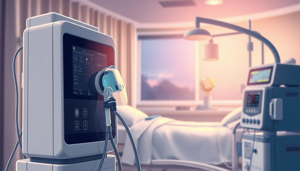 A detailed illustration depicting a sleep apnea machine and a ventilator working in a clinical setting. In the foreground, feature a modern sleep apnea machine with a sleek design, visible tubing and a connected mask, alongside a ventilator with digital displays and control panels. In the middle, show a serene hospital room with soft, ambient lighting that conveys a calming atmosphere. The background should include subtle medical equipment and a gently lit window, suggesting a quiet night. The overall mood should reflect professionalism and comfort, emphasizing the importance of these devices in patient care. Use a soft focus to create a warm, inviting scene that underscores their functionality and significance.