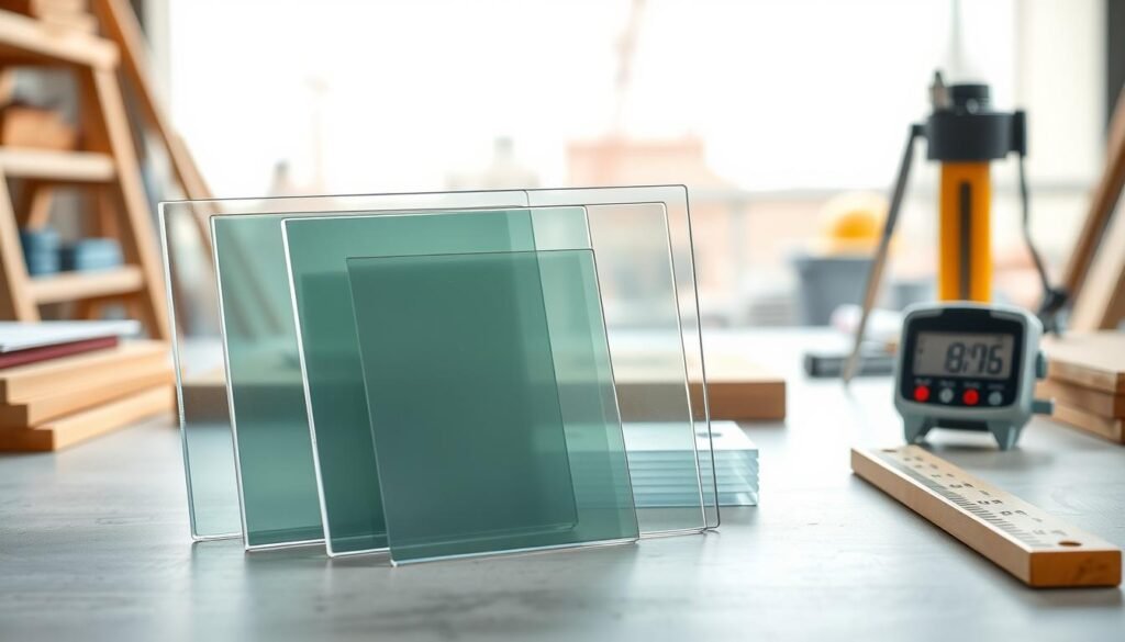 A neatly arranged display of flat polycarbonate sheets in various thicknesses and transparent clarity, showcasing their suitability for construction projects. In the foreground, highlight three distinct sheets stacked at angles, revealing their texture and material composition. The middle ground features a well-lit workspace with construction tools like a ruler, caliper, and a digital thickness gauge, emphasizing precision in selection. The background fades into a blurred construction site, hinting at their practical application. Soft, natural daylight filters through the space, creating a professional atmosphere that conveys trust and reliability. Use a slightly elevated perspective to capture depth, ensuring a clean and focused composition without any distractions. No text or watermarks should be present in the image.
