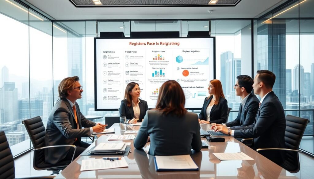 A professional business setting illustrating common questions related to the steps in registering a company in Hong Kong for non-local residents. In the foreground, a diverse group of four individuals, dressed in smart business attire, are engaged in a discussion around a sleek conference table, surrounded by documents and digital devices to represent the paperwork involved in registration. The middle ground features a large screen displaying visual infographics about the company registration process, including checklists and flowcharts. The background shows a modern office environment with glass walls and cityscape views, illuminated by soft natural lighting from large windows, creating an atmosphere of professionalism and collaboration.