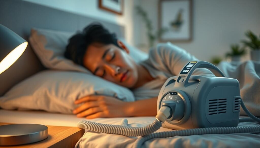 A serene bedroom scene featuring a person peacefully sleeping with a CPAP (Continuous Positive Airway Pressure) machine gently placed beside them. In the foreground, the CPAP machine is clearly visible, showcasing its sleek design and attached hose, subtly illuminated by soft bedside lamp lighting. The middle layer highlights the contours of the sleeper, who is a middle-aged Asian individual, dressed in comfortable sleepwear, with a relaxed expression on their face. The background includes a softly decorated bedroom with calming colors, plants, and framed artwork, conveying a sense of tranquility and comfort. The overall mood is soothing and restful, illustrating the beneficial impact of sleep apnea therapy in combating snoring. Soft focus lens effect is applied to enhance the dream-like atmosphere.