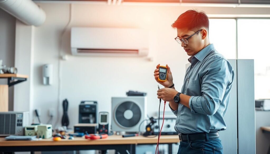 A professional technician in a modern workshop setting is performing a "冷氣機功能測試" (air conditioner function test). In the foreground, the technician, dressed in smart casual attire, is carefully inspecting an air conditioning unit, utilizing specialized tools and a digital multimeter. The middle ground features various air conditioning equipment and tools organized neatly on a workbench. In the background, there is a large window allowing natural light to flood the space, creating a bright, welcoming atmosphere. The lighting is soft yet efficient, highlighting the intricate details of the testing process. The mood is one of diligence and expertise, emphasizing the importance of proper maintenance and preparation for air conditioning units during relocation or renovation.