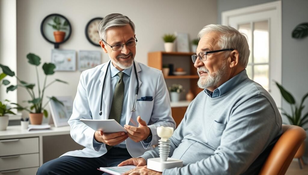 A senior dentist's office scene, focusing on a dental consultation about full mouth dental implants for elderly patients with conditions like hypertension or diabetes. In the foreground, a compassionate dentist in professional attire discusses treatment plans with an elderly patient, who appears engaged and thoughtful. The middle ground features dental charts and a 3D model of a dental implant. The background shows a well-lit, contemporary dental office with plants and calming colors, evoking a welcoming atmosphere. Use soft, natural lighting to highlight the patient-dentist interaction, creating a warm and informative mood. The camera angle is slightly elevated, showcasing both the dentist and the patient in a professional yet approachable setting.