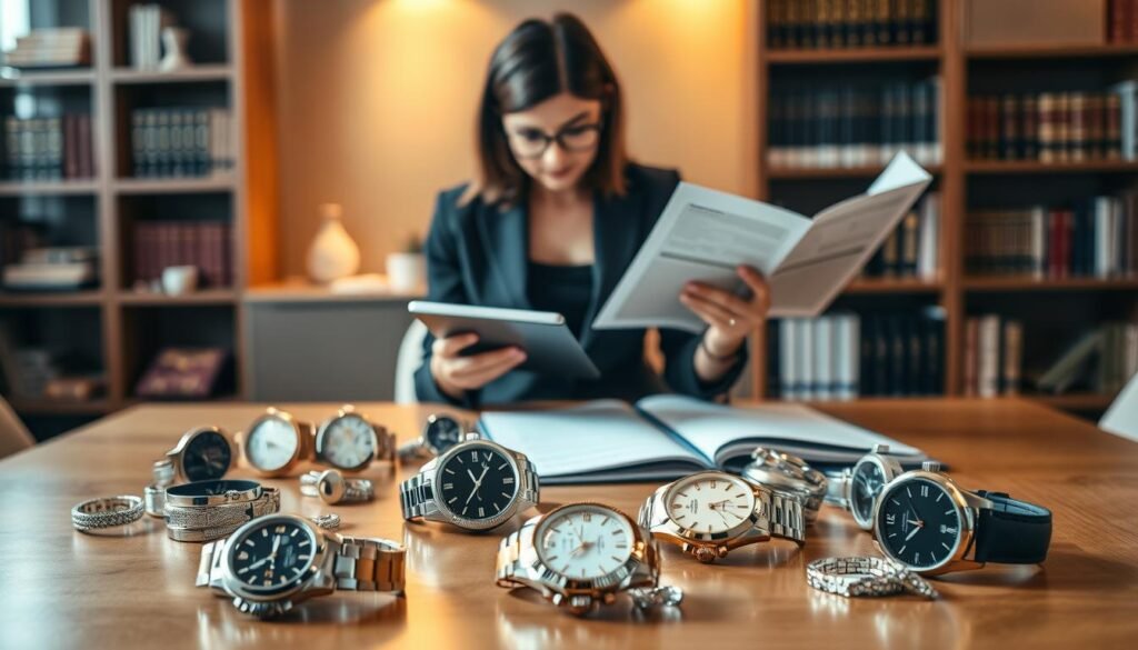 A sophisticated scene depicting the analysis of insurance and customs duties for high-value American watch purchases. In the foreground, a polished wooden table is adorned with an elegant assortment of luxury watches and exquisite jewelry, each highlighted by soft, diffused lighting to emphasize their details. In the middle ground, a professional businesswoman, dressed in a sharp blazer and holding a tablet, is intently reviewing documents about insurance regulations and customs tariffs. The background features a blurred office environment with shelves filled with books on economics and trade. The atmosphere conveys professionalism and focus, with warm lighting creating an inviting yet serious mood, capturing the essence of informed buying in the luxury market.