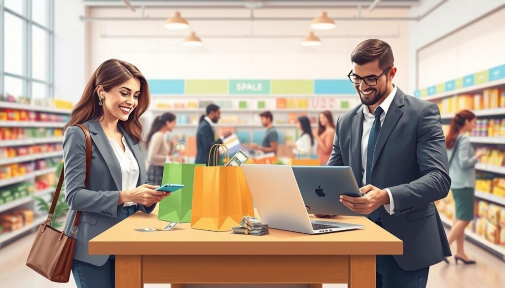 A vibrant illustration showcasing a diverse group of professional shoppers engaged in smart purchasing strategies. In the foreground, a confident businesswoman examines a discounted product with a smartphone in hand, while a satisfied businessman compares prices on a laptop. In the middle, a large table is adorned with shopping bags and bills, symbolizing savings through U.S. purchasing recommendations. The background features a bright, organized shopping environment, with shelves displaying various products. Soft, natural lighting enhances an optimistic atmosphere, highlighting the theme of cost-effective shopping. The composition should suggest an air of collaboration and intelligence in navigating purchasing challenges, creating a sense of community and resourcefulness. The image should be clear and engaging, ideal for illustrative purposes.