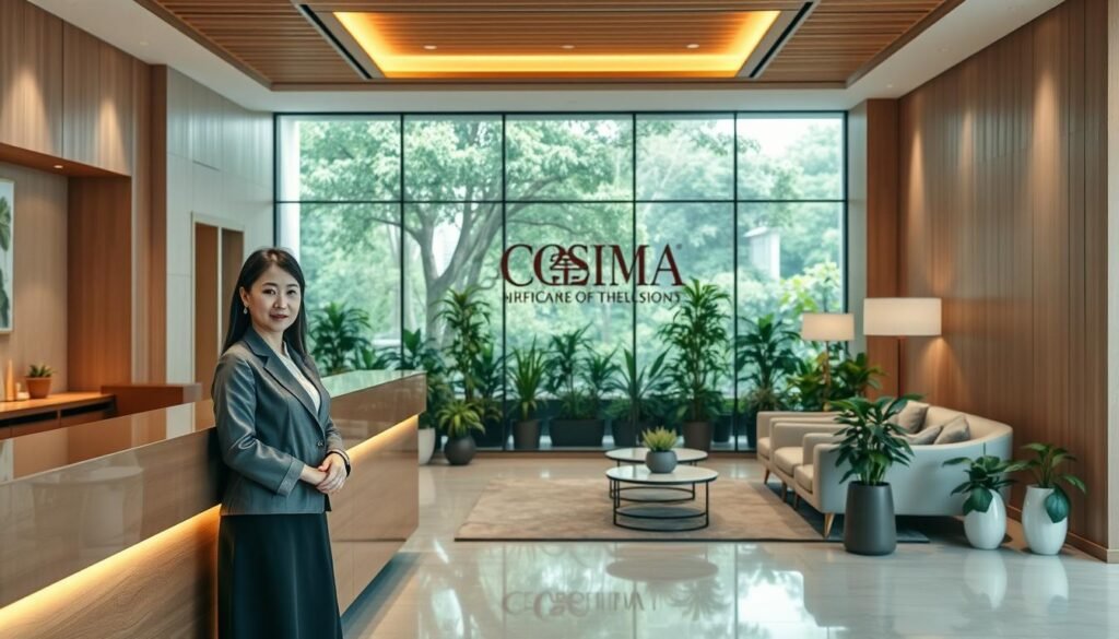 A serene, inviting reception area of COSIMA康展邁醫學中心 with a modern, elegant design. In the foreground, a professional female practitioner in modest business attire stands beside a welcoming desk, ready to assist clients. The middle layer features comfortable seating arrangements with potted plants, creating a calming atmosphere. Soft, warm lighting illuminates the space, enhancing the tranquil vibe. In the background, a glass wall displays a peaceful garden view, symbolizing health and wellness. The overall mood is welcoming and professional, conveying a sense of trust and comfort for women seeking traditional Chinese gynecology and fertility services in Hong Kong. The lens captures the scene at a slightly elevated angle to provide depth and perspective.